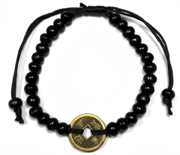 Bracelet Feng Shui Chance Noir | Perles Bois & Monnaie de Fortune | Élégant