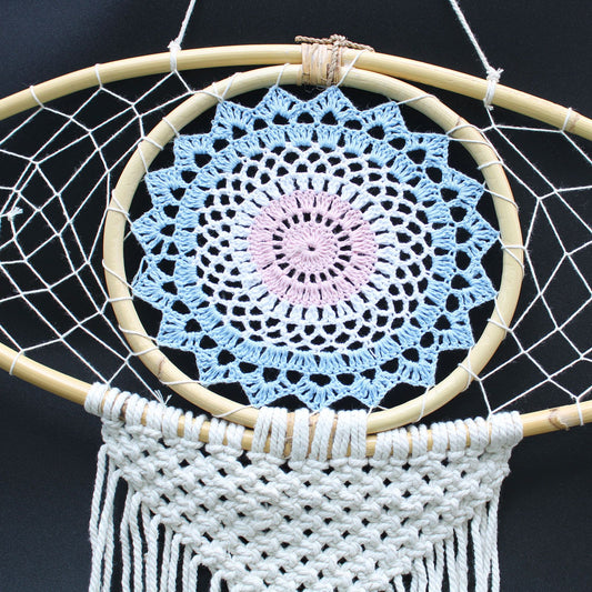 Protection Dream Cather - Lrg Macrame Eye Blue/ Whie/Pink
