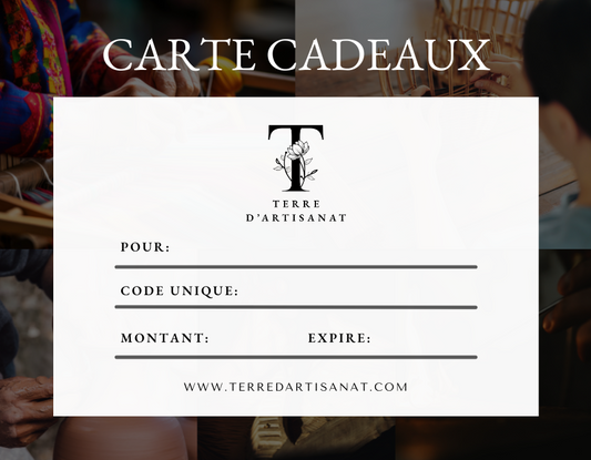 Offrez à vos proches la possibilité de choisir une pièce artisanale qui apportera une touche d'élégance et de chaleur à leur intérieur. Notre carte cadeau permet de découvrir nos créations exclusives, faites main avec soin, alliant beauté naturelle et savoir-faire exceptionnel. Un cadeau intemporel, parfait pour toute occasion. ( cadeau de mariage, cadeau de fiançailles, cadeau crémaillère, cadeau de naissance, cadeau anniversaire, cadeau de retraite, cadeau saint valentin, cadeau fête des pères)