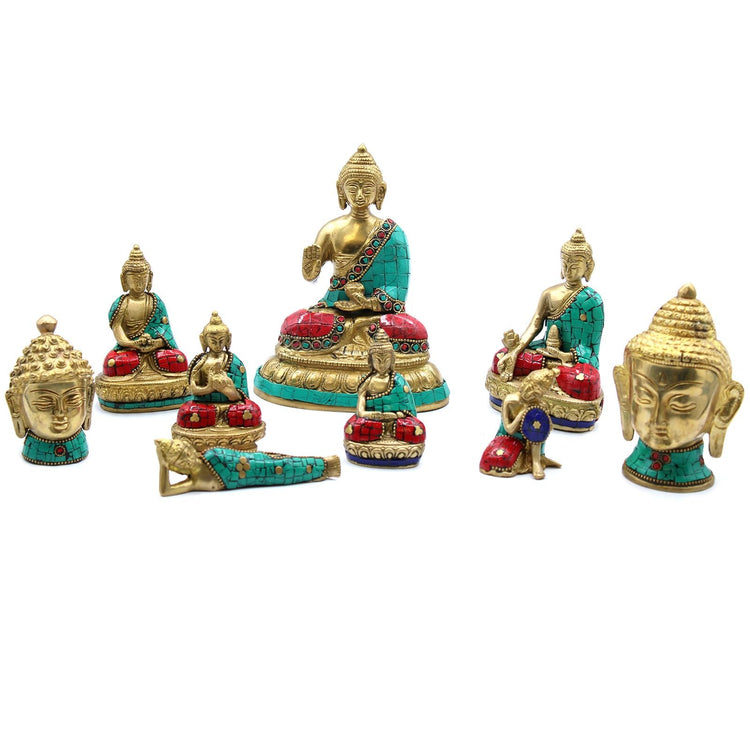 Figurines de Bouddha — Laiton patiné, cornaline & turquoise