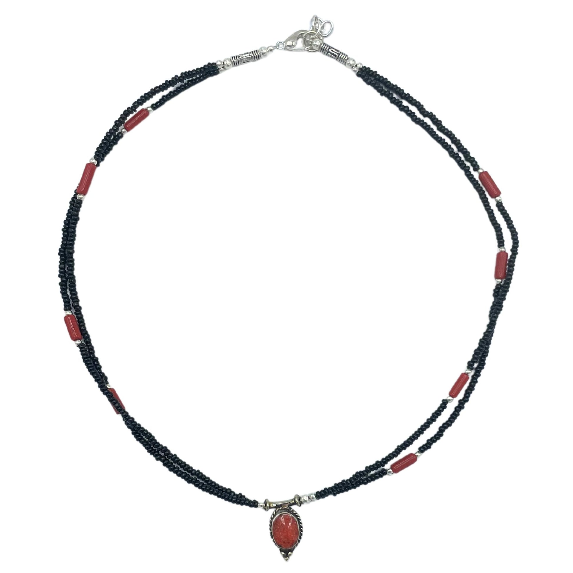 Nepalese Extra Fine Two Line Necklace - Black & Coral Pendant
