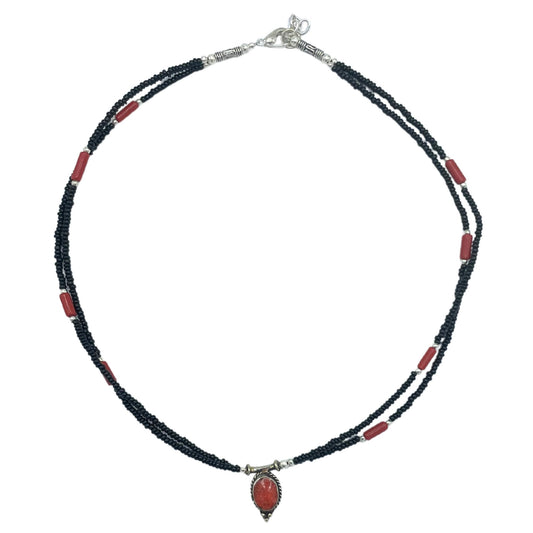Nepalese Extra Fine Two Line Necklace - Black & Coral Pendant