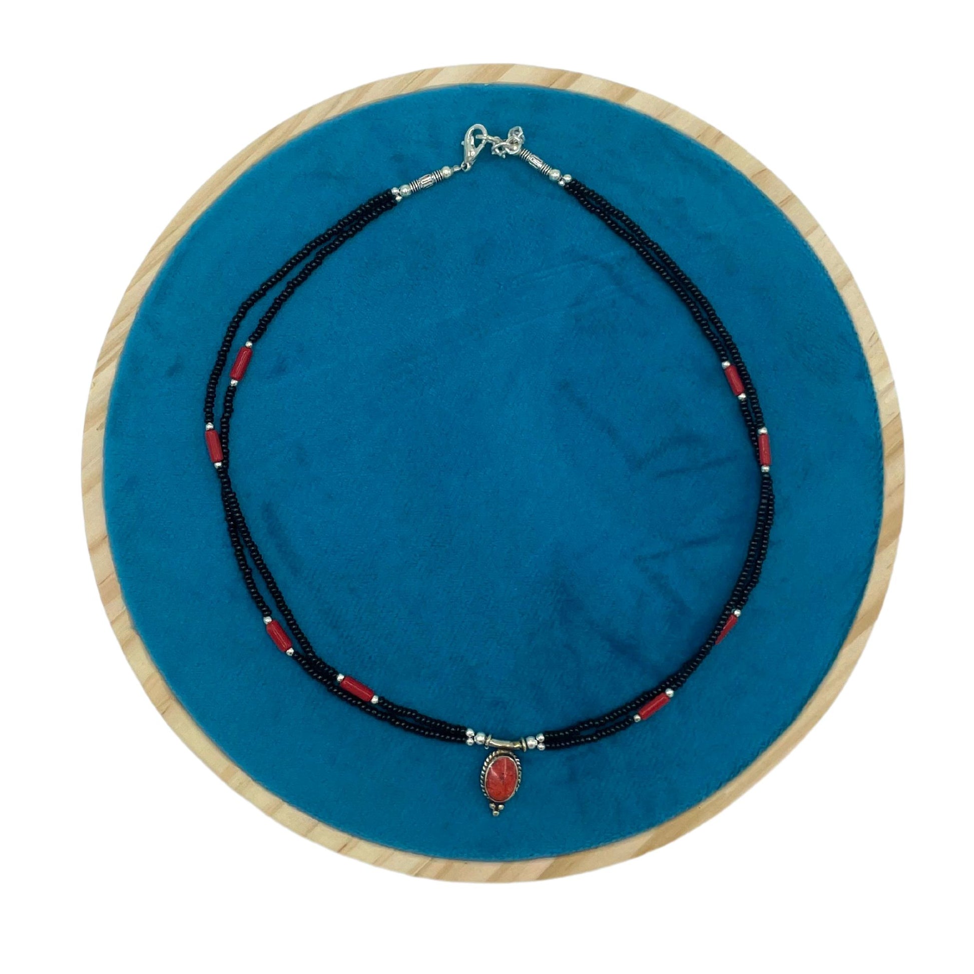 Nepalese Extra Fine Two Line Necklace - Black & Coral Pendant