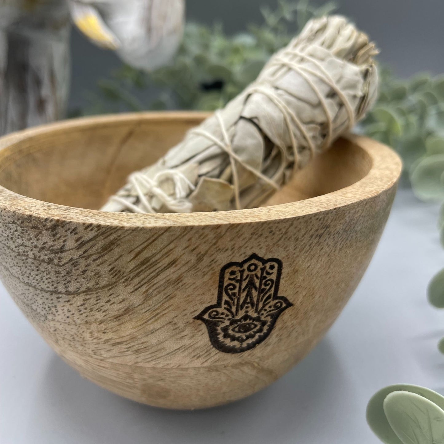 Wooden Smudge and Ritual Offerings Bowl - Hamsa - 12x7cm