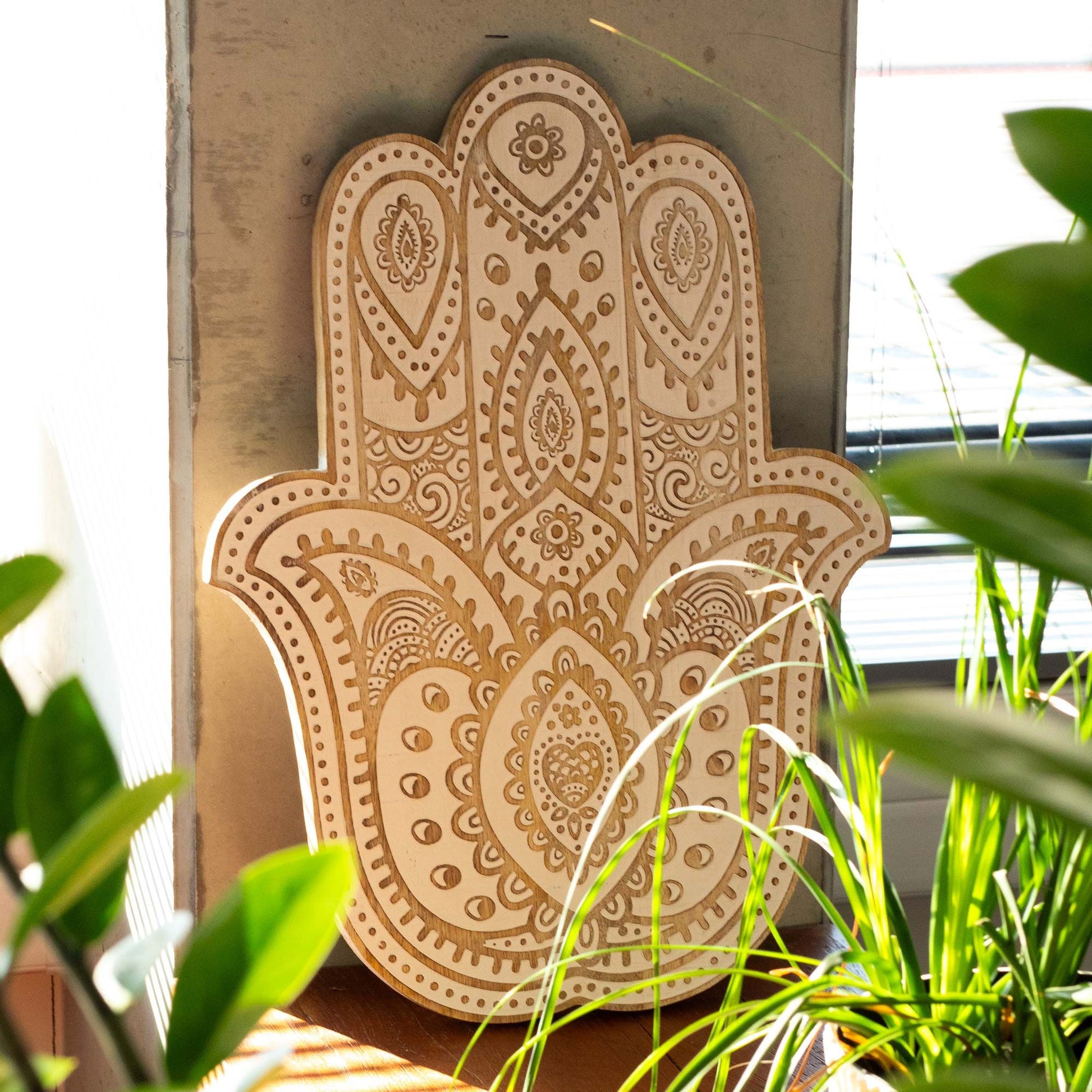 Mango Wood Hamsa Wall Plaque - Whitewash 52 cm