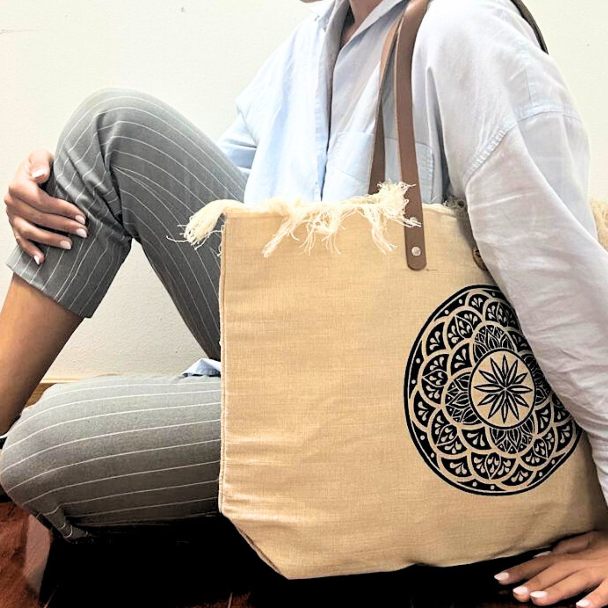Natural Tote Bag Leather Handle - Mandala
