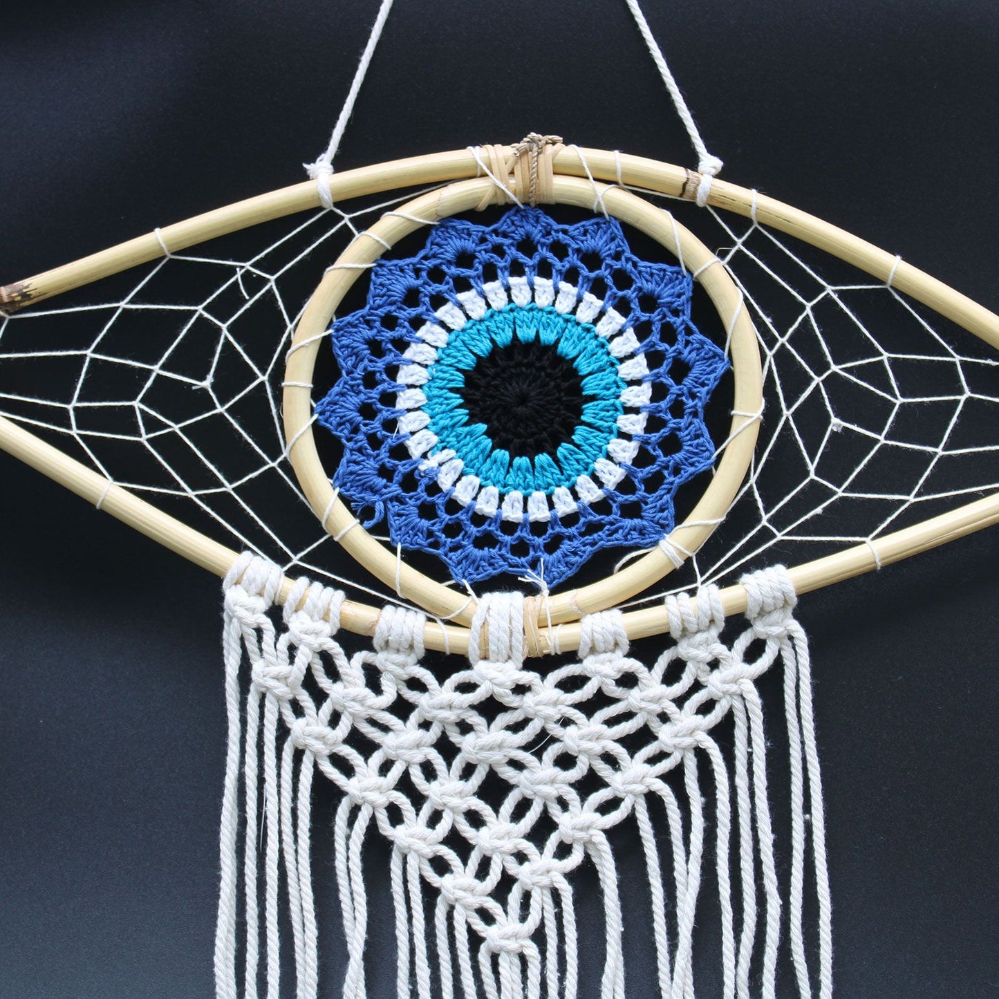 Protection Dream Cather - Med Macrame Evil Eye Blue/White/Black