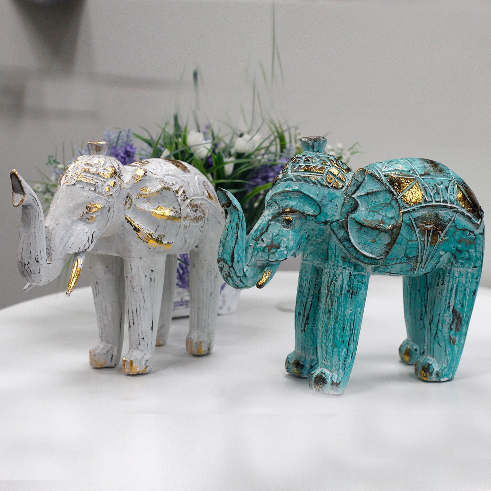 Wood Carved Elephant - Turquois Gold