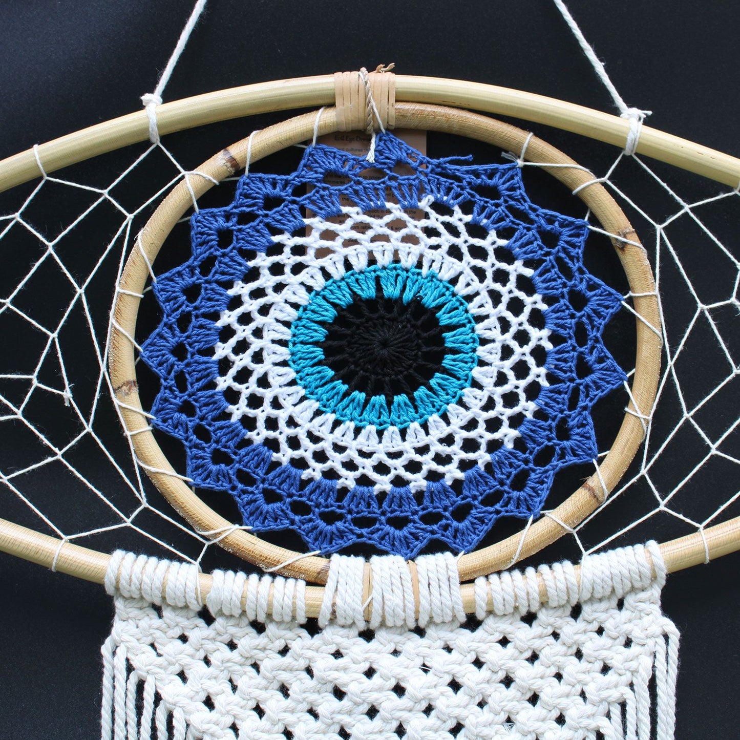 Protection Dream Cather - Lrg Macrame Evil Eye Blue/White/Black