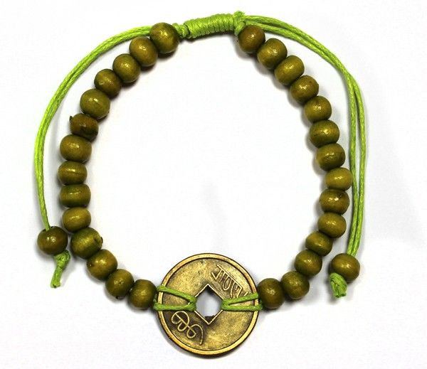 Bracelet Feng Shui Chance Vert Citron | Perles Bois & Monnaie de Fortune | Énergie