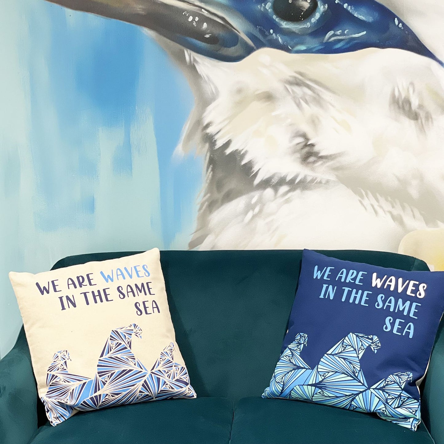 Printed Cotton Cushion Cover - We are Waves - Blue